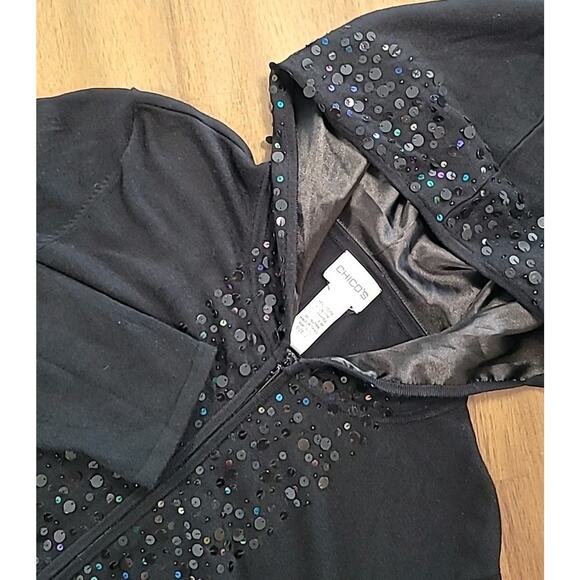Chico’s Women’s Hoodie Sz 2 L Black Sequin Trim Zip Cardigan Jacket Flaw - Picture 1 of 9
